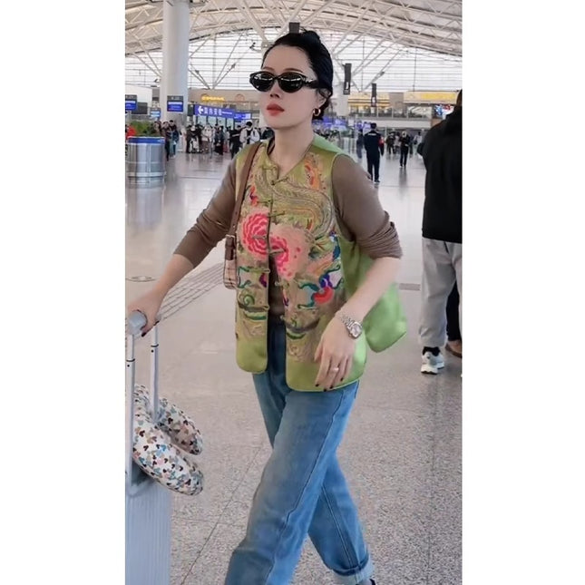 2024 Early Spring New Style Small New Chinoiserie Retro National Style Old Money Tang Suit Green Buckle Vest Women's Work Clothing