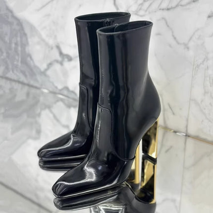 Nazha's Same Style Patent Leather High-Heeled Short Boots for Women 2025 New Autumn and Winter Side Zipper Square Toe Chunky Heel Black Fleece Boots