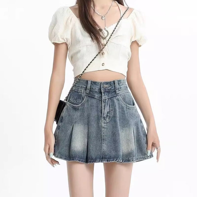 Vintage Blue Denim Pleated Short Skirt for Women Trendy Versatile Summer Petite High-Waisted Slimming Hot Girl A-Line Half Skirt