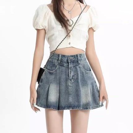 Vintage Blue Denim Pleated Short Skirt for Women Trendy Versatile Summer Petite High-Waisted Slimming Hot Girl A-Line Half Skirt