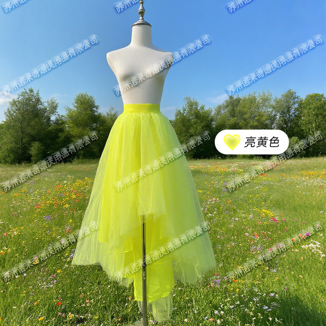 Spring and Summer New Colorful Dopamine Multi-Layer Mesh Skirt with Short Front and Long Back, Irregular High Waist Slimming Elastic Waist Skirt