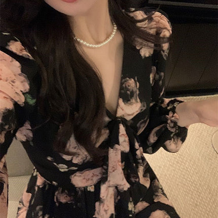 Light Luxury and Classy Sweet Retro Rose Print Long-Sleeved Elegant Waist Dress Classy Slim Floral Skirt