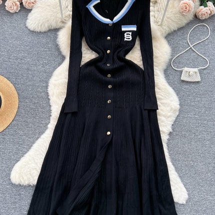 Cross-Border Aliexpress New Color-Blocked Lapel Knitted Dress Embroidered French-Style Long Dress Waist-Cinching Slimming Sweater Dress for Women