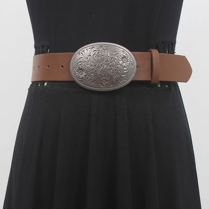 Retro retro Western style PU leather belt for women 2023 autumn new high-grade copper buckle belt