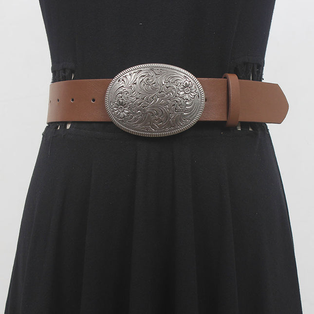 Retro retro Western style PU leather belt for women 2023 autumn new high-grade copper buckle belt