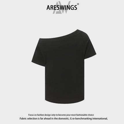 Areswings American Abstract Apple Letter Pattern Printed Slanted Shoulder Short-Sleeved T-Shirt Women's Summer Sexy Top