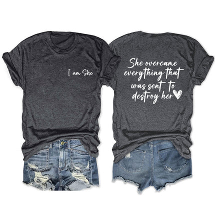 Amazon double-sided printed summer round neck short sleeve she overcame everthing loose all-match T-shirt