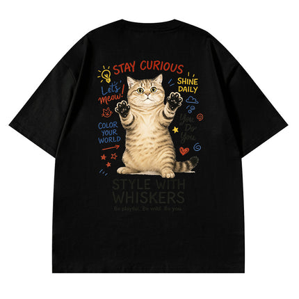 Cross-border short-sleeved T-shirt for boys and girls Korean-style cartoon casual pet cat hip-hop top for lovers summer versatile half-sleeve