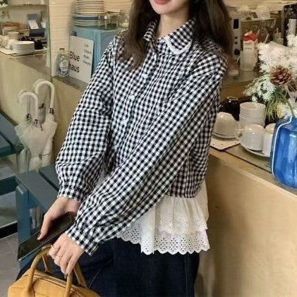 95% Upper Cotton # Spring and Autumn Sweet Style Lace Spliced Doll Collar Stacked Brushed Plaid Shirt Women's Top