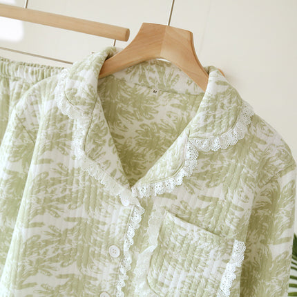 Autumn and winter national style air layer three-layer warm lace pajamas women's long sleeve trousers fresh green home clothes suit