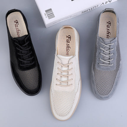 Men's Shoes 2025 Summer New Men's Fly-Woven Mesh Breathable Hollow Leather Shoes Deodorant Feet Flats Wear-Resistant Casual Shoes