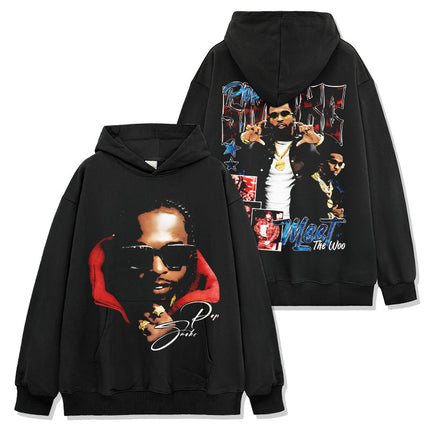 Cross-border American Hip-hop Smoke Pop Smoke Printed Short-sleeved T-shirt Washed Long-sleeved Loose Hooded Sweat for Men