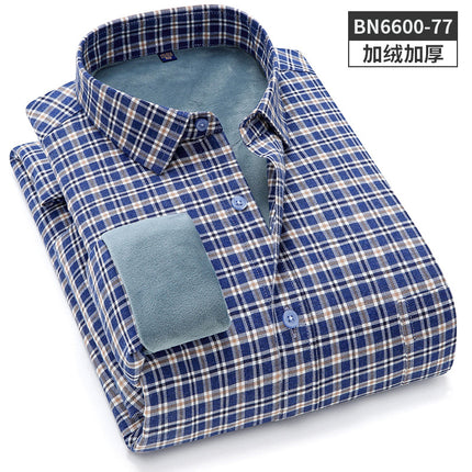 24 Winter Pure Cotton Brushed Plaid Warm Shirt Fleece-Lined Thickeneded Winter Shirt Light Business Square Collar Long-Sleeved Shirt