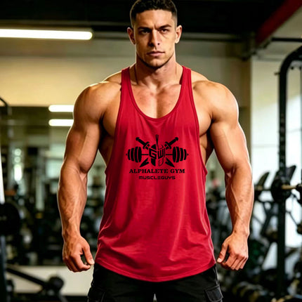 Summer Men's Vest Thin Strap Sports European and American Bodybuilding Fitness T-shirt Printed logo Waistle I-Shoulder Loose Men