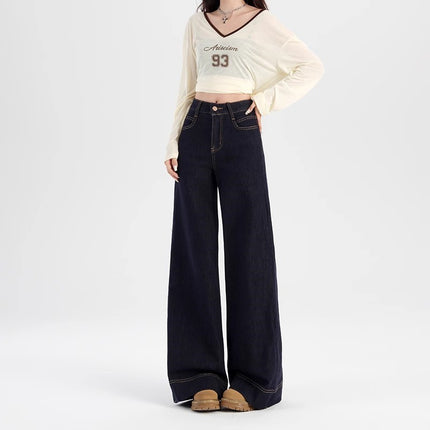 Tannin Blue Straight Micro Jeans Women's Trendy All-match New High Waist Stretch Slim-fit Wide-leg Long Pants