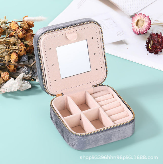 Portable Double-Layer Zipper Velvet Jewelry Storage Box Flip Earrings Earrings Ring Storage Jewelry Box