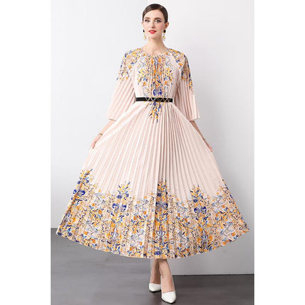 Cross-border 2024 new socialite pleated waist printed fashion large skirt organ pleated dress