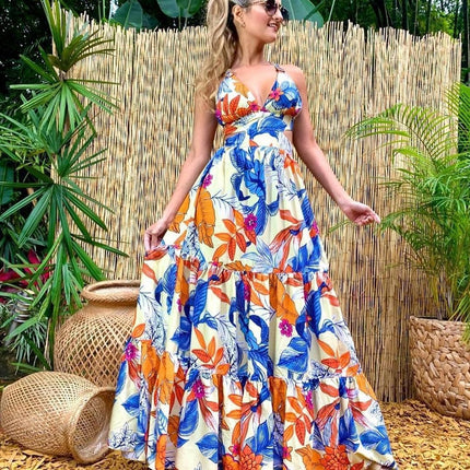 2025 Cross-Border Spring and Summer New European and American Fashion Printed Sexy Dress Suspender Deep V Sleeveless Backless Long Skirt