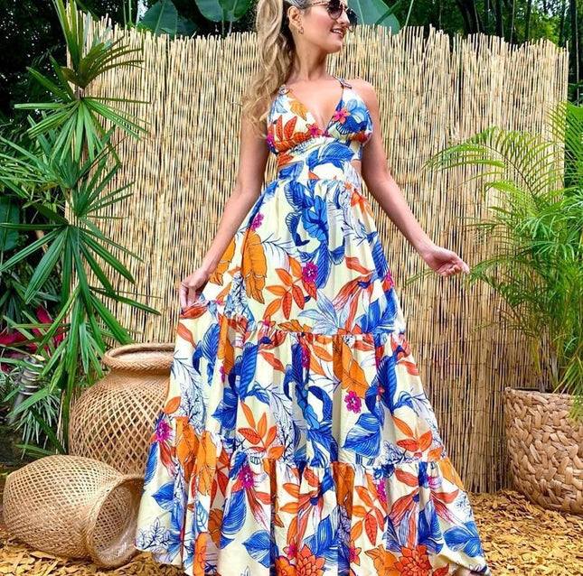 2025 Cross-Border Spring and Summer New European and American Fashion Printed Sexy Dress Suspender Deep V Sleeveless Backless Long Skirt