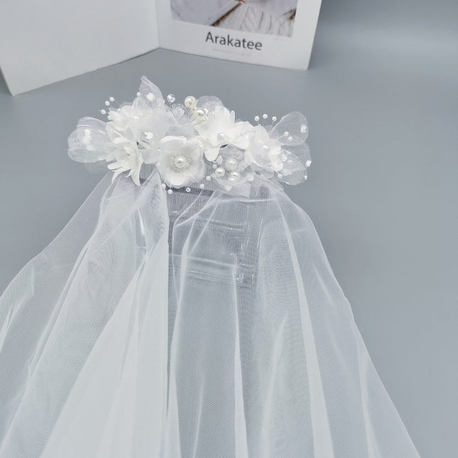 Bride and Bridesmaid White Pearl Overlay Double-Layer Veil Hair Comb Wedding Headdress Party Holiday Mesh Flower Set Hair Accessories