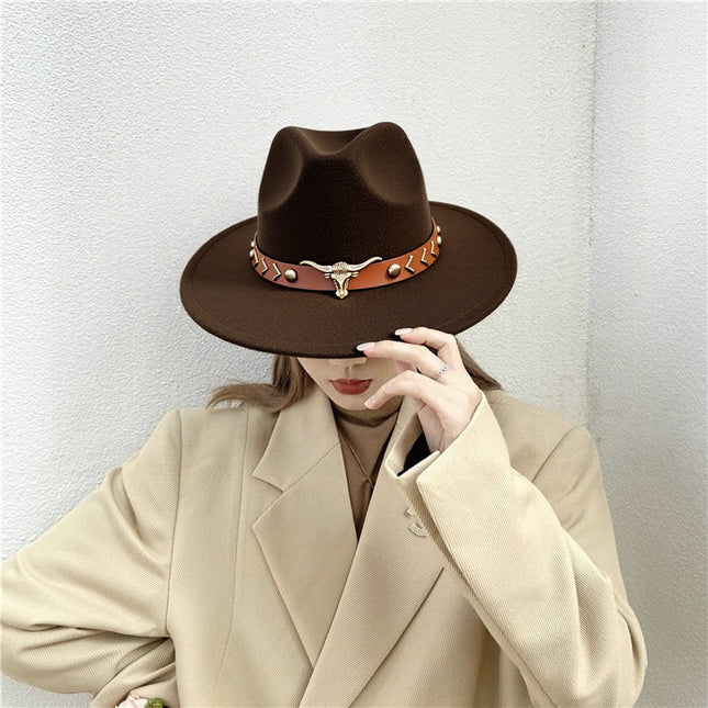 European and American Autumn and Winter Woolen Denim Jazz Felt Hat with Cow Head Label, Large Brim Fedora, Xizang Ethnic Style Outdoor Bucket Hat