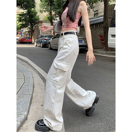 White floor-length pants high-waist overalls jeans women's slimming 2025 all-matching new straight pants slim-fit outer wear