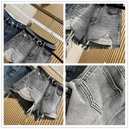 Plus Size Ripped High-Waisted Denim Shorts for Women Summer New Hot Girl Raw Edge Tassel Design American A-Line Hot Pants