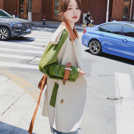 This year's popular pu leather stitching trench coat coat women's spring and autumn high-end Korean style mid-length casual coat