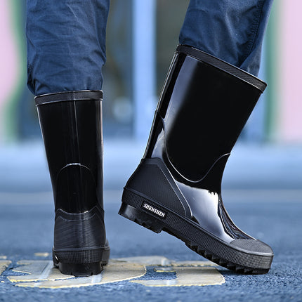 Fashion rain boots men's waterproof mid-barrel rain boots thick-soled outdoor car wash fishing site labor protection water shoes PVC rubber shoes