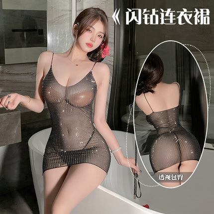Night Dreams Sexy Underwear Sexy V-Collar Low-cut Suspenders Skirt Perspective Light Permeable Full Rhinting Suspenders dress 8553