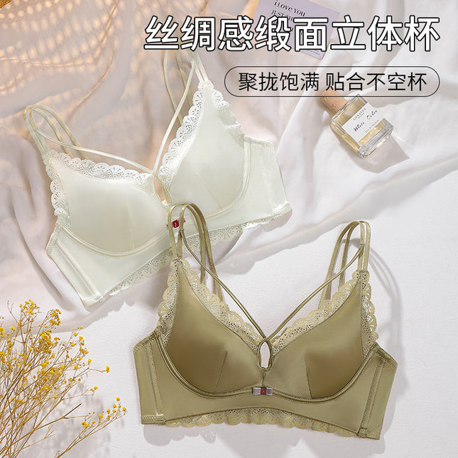 New hollow-out breast shaping with satin underwear thickened steamed bread cup small chest push up sexy cross back bra foreign trade