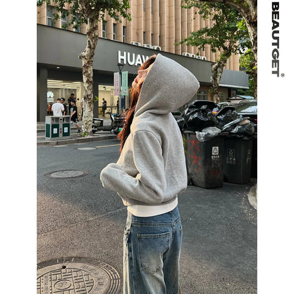 Shandong Jimo Mancaidi Brand American Street Short Double-Ended Zipper Cardigan Hooded Sweatshirt Women's Trendy Hoodie