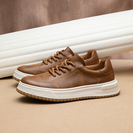 New White Shoes Men's Shoes Fashionable Casual Leather Breathable Hollow-out Low-top Shoes All-match Lightweight Board Shoes with Elevated Thick Sole