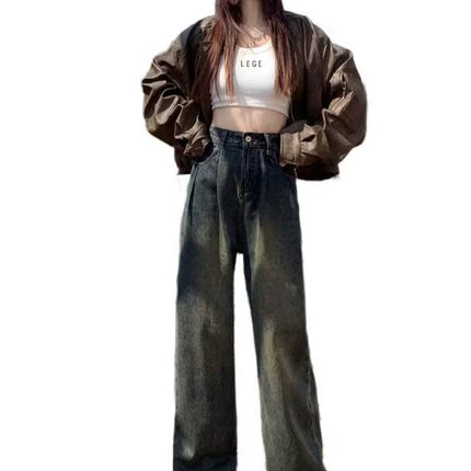Cement Grey Wide Leg Jeans Women's Autumn 2024 New High Waist Slimming Pleated Straight Mop Maillard Pants