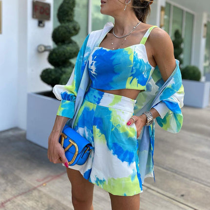 FD828 Spot European Station 2022 Explosions Women's Spring and Summer Temperament Leisure Color Tie-dye Printing Three-piece Set