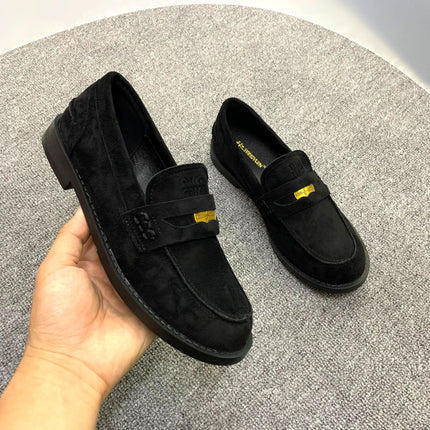 Natural Curly Genuine Leather Gold Coin Lazy Loafers for Women, Retro Elegant, Commuter Autumn and Winter New British Square Heel Small Leather Shoes