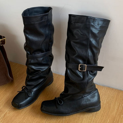 Sheepskin Version ~2025 New Personalized Ballet Style Genuine Leather Boots for Women with Bow Belt Buckle Pleated Work Boots
