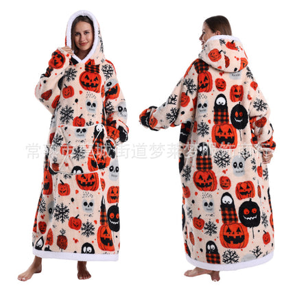 A generation of winter clothing lazy printed hoodie thickened and lengthened adult couples nightgown tk labeling cross-border