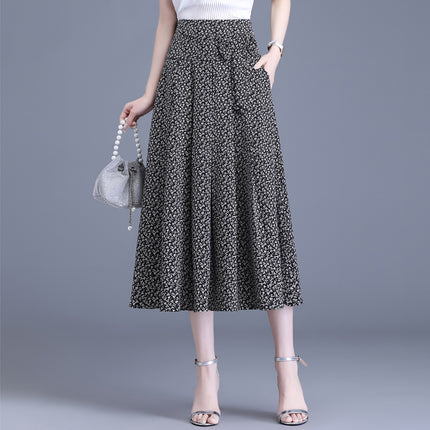 Summer Mulberry Silk Pleated Skirt Trendy High-Waisted Mid-Length French Slimming Elastic Waist Floral Chiffon Women's Half Skirt