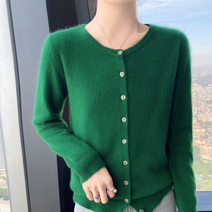2025 Spring and Autumn New Round Neck Cashmere Knitted Cardigan Women's Loose All-match Sweater Coat Long Sleeve Soft Waxy Top