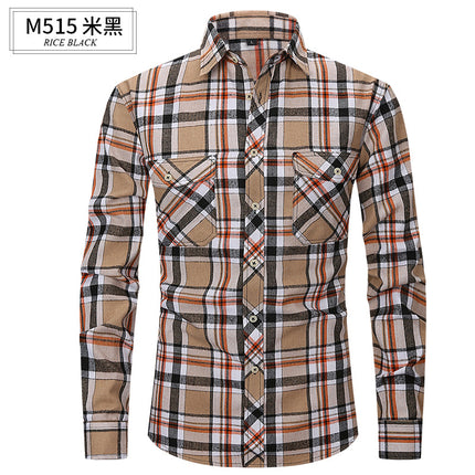 Spring and Summer Slim Amazon Fashion Brushed Plaid High-End Long-Sleeved Double Pocket Flannel Men's Shirt