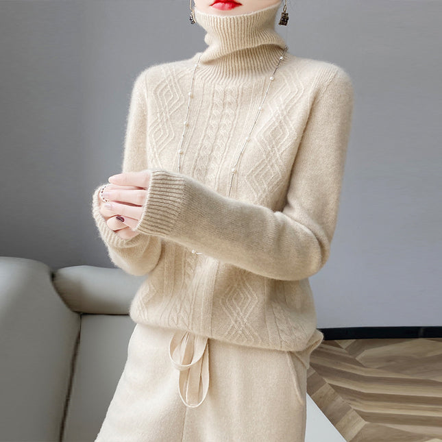 New Autumn and Winter Turtleneck Cable Knitwear Women's Knitted Bottoming Knitwear Long-sleeved Loose Slimming Look Versatile Thickeneded Top