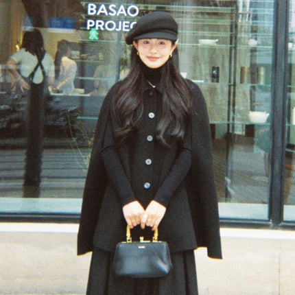 Handmade double-sided Cape coat 2024 new black wool mid-length elegant slimming coat women's clothing