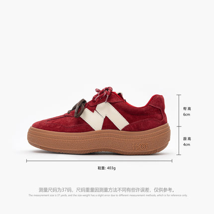 Genuine Leather Retro Thick-Soled German Training Shoes for Women, New Spring and Summer Style Red Casual Sneakers with Hidden Height Increase