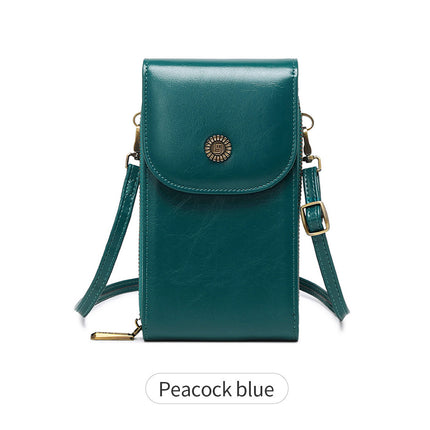 New RFID Women's Mobile Phone Bag Retro Oil Wax Leather Vertical Crossbody Mobile Phone Bag All-match Mini Shoulder Bag