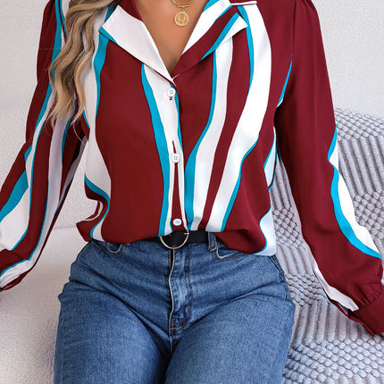 Real Shot of 2026 Spring/Summer European and American Casual Versatile Color-Block Striped Suit Collar Long-Sleeve Shirt for Women, Available on Independent Cross-Border Platforms