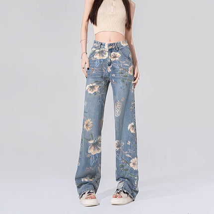 Vintage Printed Jeans for Women, Spring and Autumn New Design, Niche Loose Wide-Leg Floor-Length Pants, Trendy on Instagram