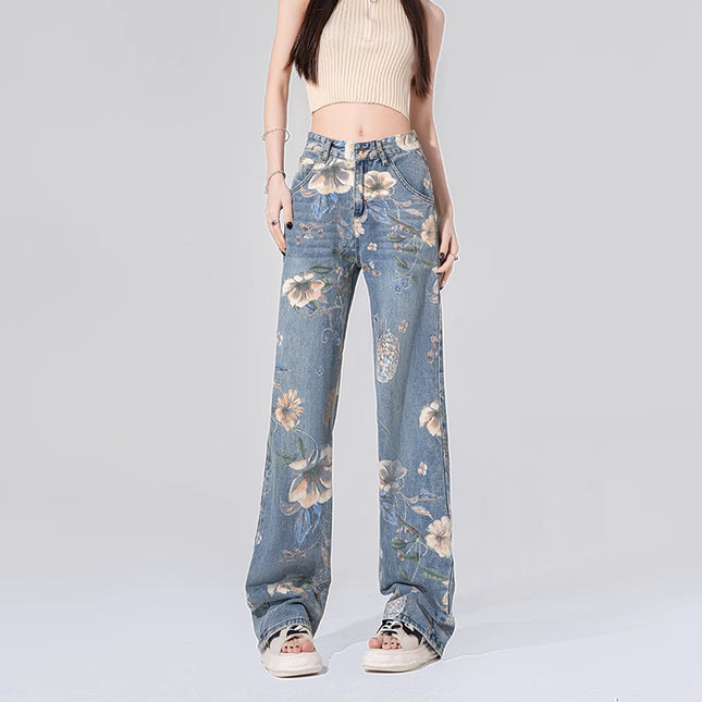 Vintage Printed Jeans for Women, Spring and Autumn New Design, Niche Loose Wide-Leg Floor-Length Pants, Trendy on Instagram