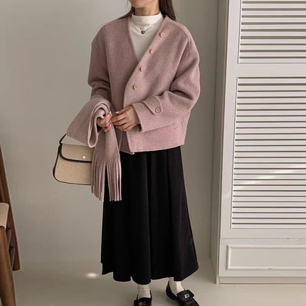2024 New Tassel Scarf Collar Removable Two-Wearing Double-Sided Wool Coat Small Loose Wool Jacket