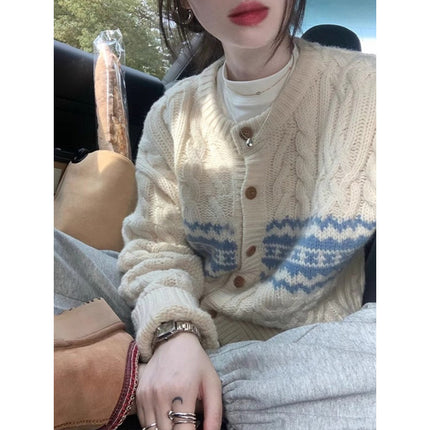 Contrast Jacquard Round Neck Twist Design Knitted Cardigan Autumn and Winter Lazy Style Niche Soft Waxy Sweater Three-piece Suit